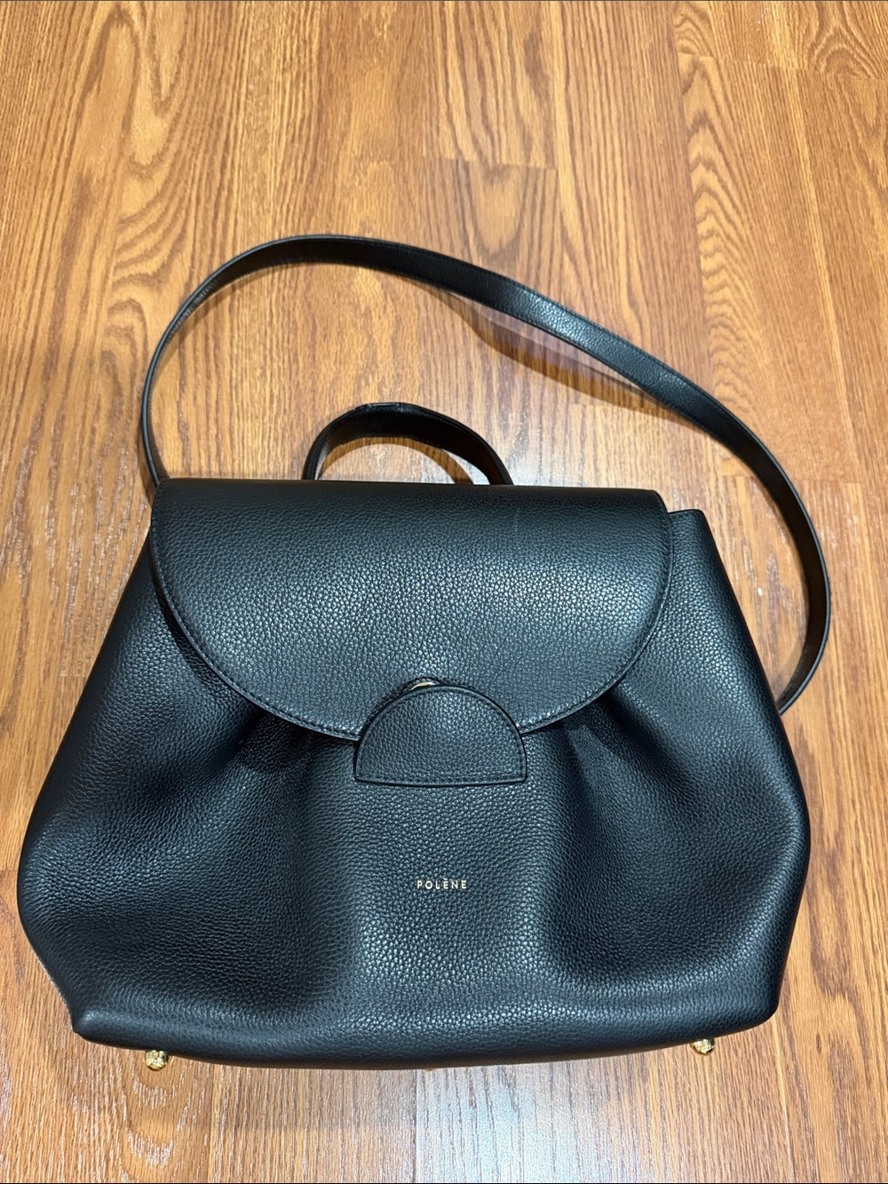 Polene Black Pebbled Leather Satchel with Top Handle